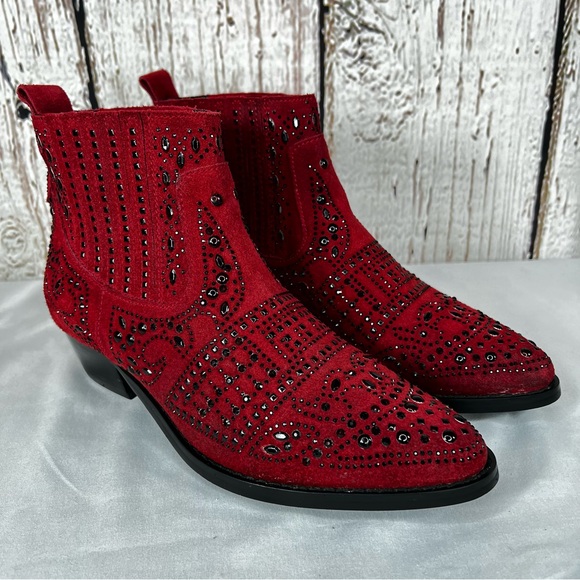 BiBi Lou Rhinestone Maroon Studded Embellished Leather Ankle Booties Boots SZ 38 - Picture 6 of 12